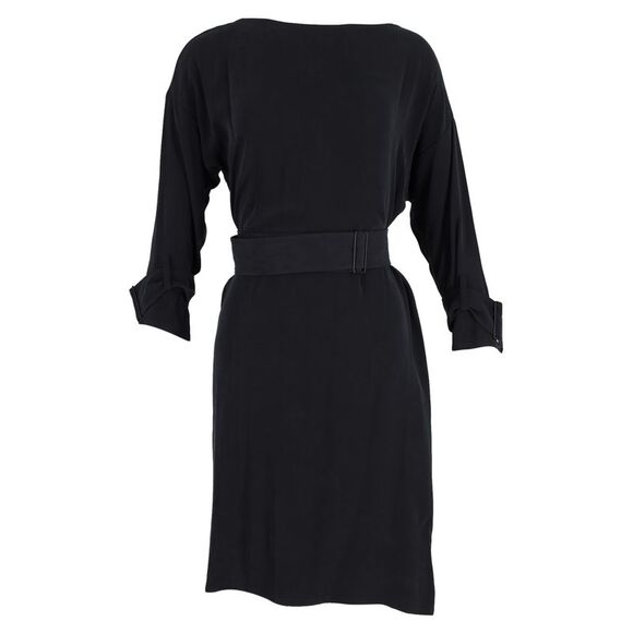 Knee Length Dress with Belt in Black Silk,All Products : American Fashion Style Bags On Sale